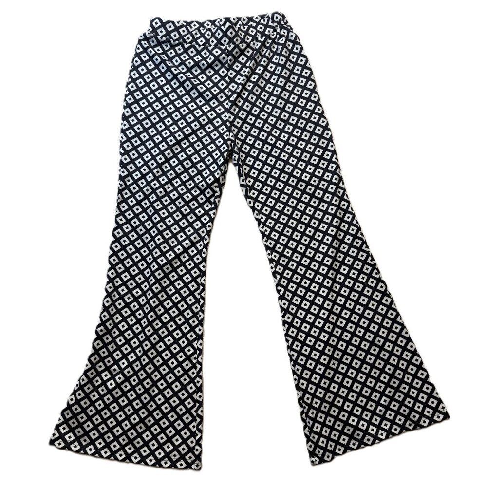 COMMENSE Geometric Flare Pants  Black & White Retro Print  Size M